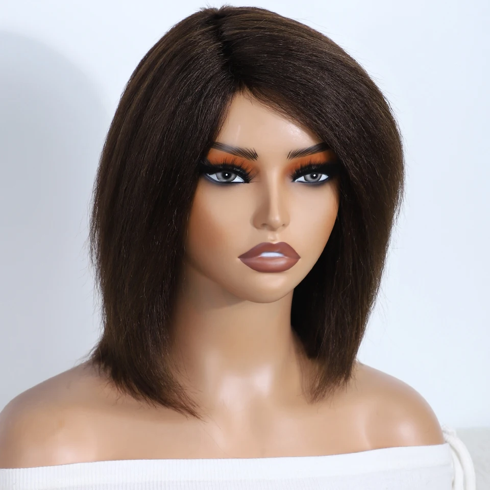 Lekker Short Kinky Straight Bob 100% Human Hair Wigs For Women Brazilian Remy Hair Natural Brown Full Machine Made 12\