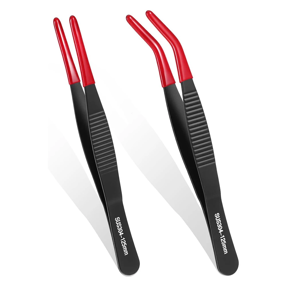 A75K 2pcs Rubber Tipped Tweezers Set, Straight and Bent Tips for Crafts, Jewelry, Electronics