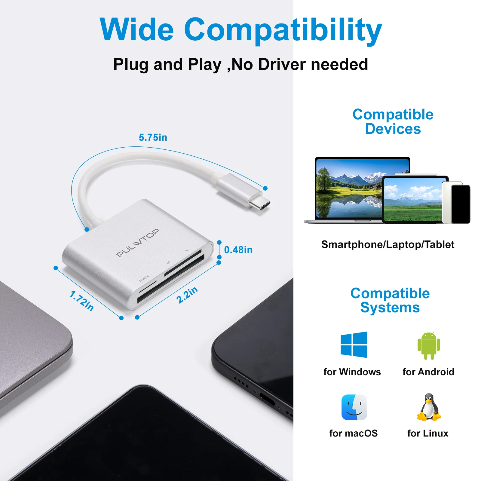PULWTOP 3-in-1 USB-C Card Reader Adapter with Slots for CompactFlash (CF), SD, and MicroSD Cards