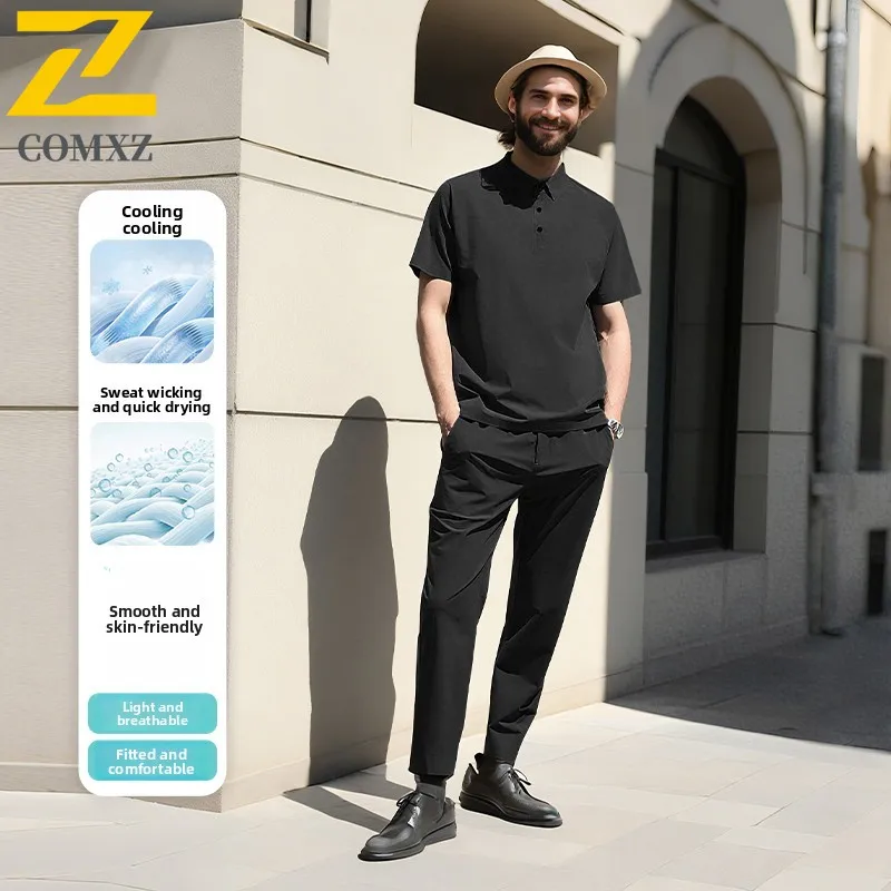 

2025 Summer New Men's Set Minimalist Ice Silk Quick Drying Polo Shirt Short Sleeve Pants Fashionable Casual Breathable 2-pc Set