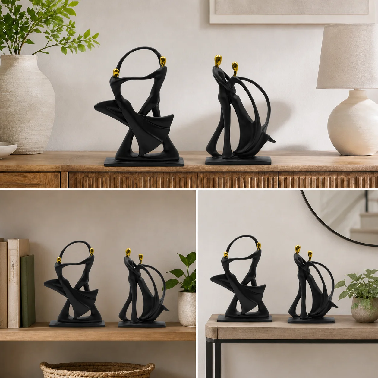 Dancing Couple Sculpture Black Gold Resin Figurine Modern Abstract Romantic Embrace Statue Living Room Office Desk Decor Gift