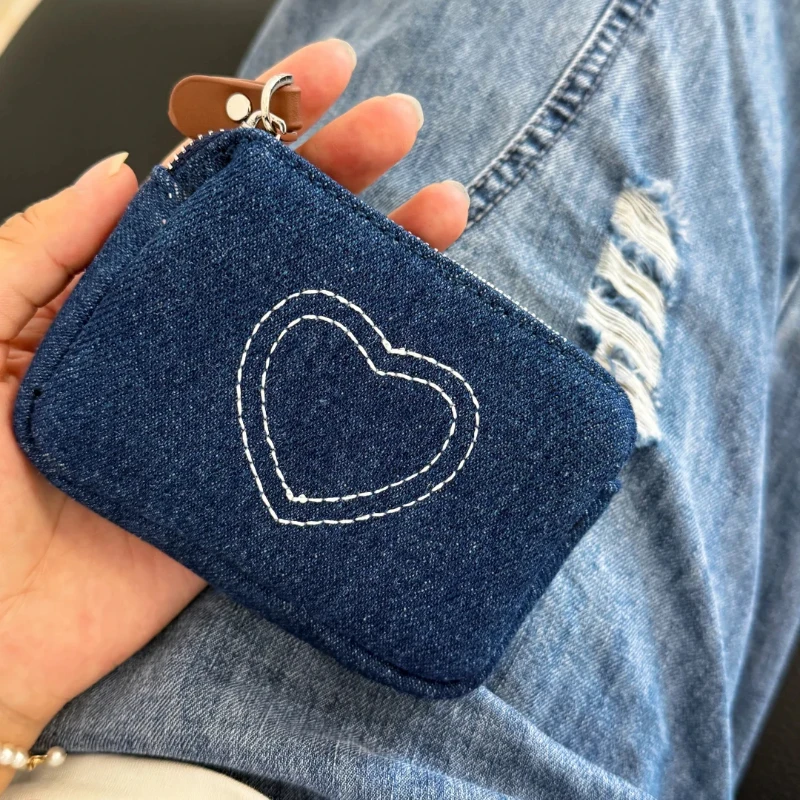 Denim Heart Mini Zipper Pouch, Cute Coin Purse for Lipstick Earphones Cards, Portable Small Storage Bag Vintage Clutch for Women