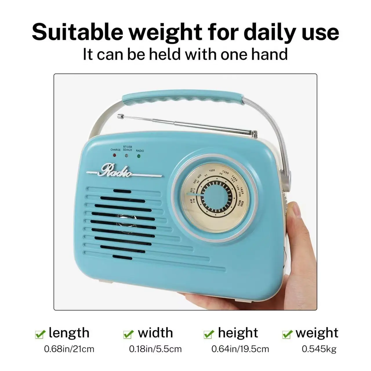 

Lightweight Retro Bluetooth Speaker,Portable AM/FM Radio with Long Antenna,USB/SD Playback,Ideal for Camping,Travel & Daily Use