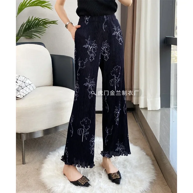 Miyake Pleated French Light Luxury Printed Wide-leg Pants Women Summer Thin High-waist Drape Casual Lazy Floor Mopping Pants