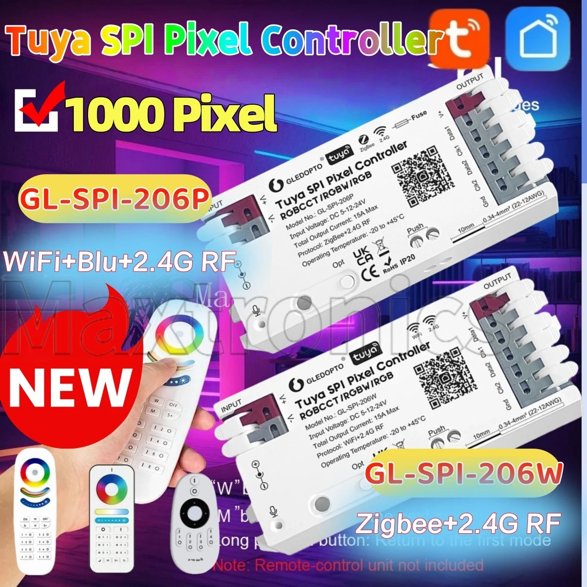 

GLEDOPTO 3IN1 2.4G WiFi+Blu / ZigBee Tuya SPI Pixel Controller Dynamic Light Music Sync Smart Life for WS2811 WS2812B LED Strips