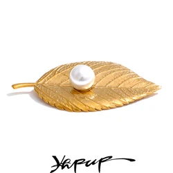 Yhpup Minimalist Stainless Steel Metal Leaf Imitation Pearls Brooches Pin for Women Men Elegant Fashion Jewelry Accessories