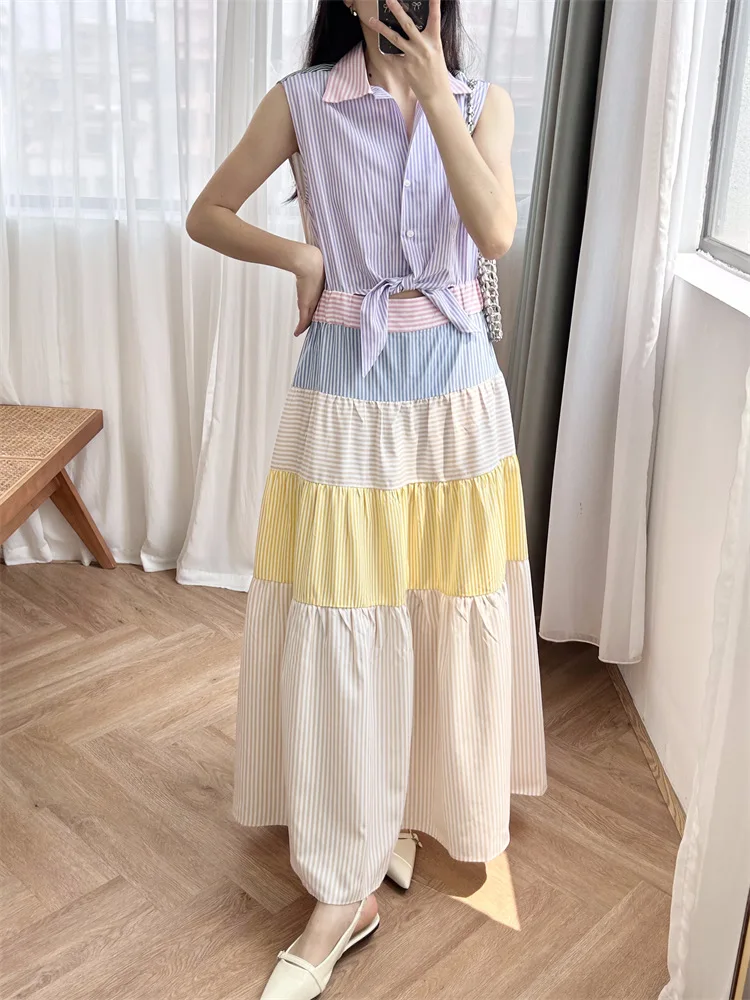 

Women's Color Patchwork Robe Stripes Knotted Hollow Out Sleeveless Turn-down Collar Holiday Summer 2024 Midi Dress