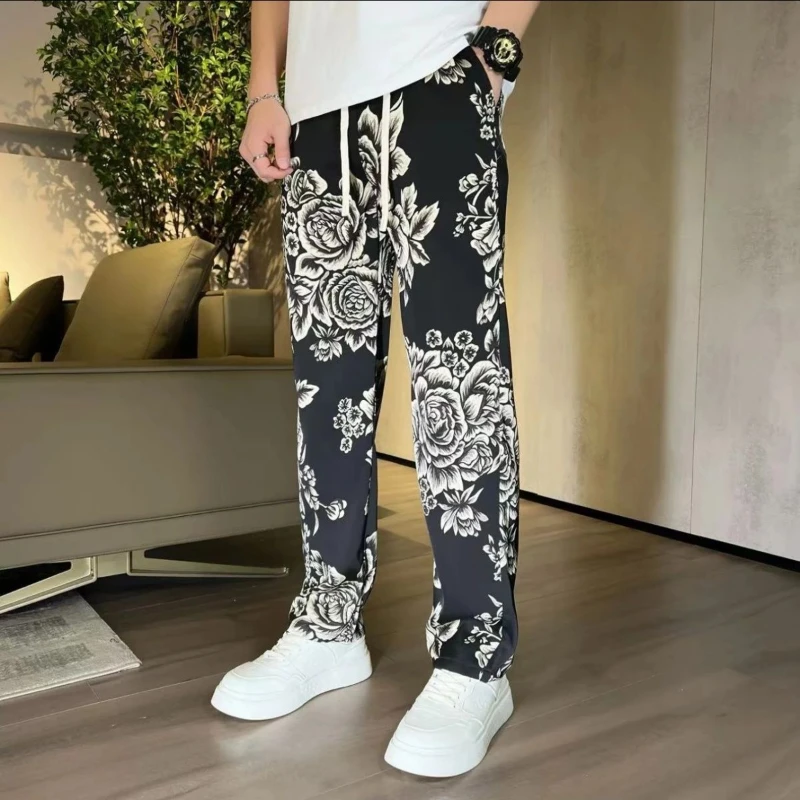 

Летние тонкие прямые мужские модные универсальные дышащие ледяные шелковые повседневные модные свободные и удобные брюки в этническом стиле