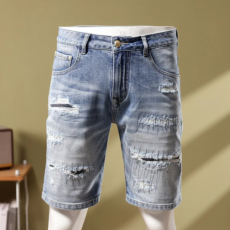 European and American summer light blue patchwork distressed denim shorts with slim fit elastic patches and ripped pants jean