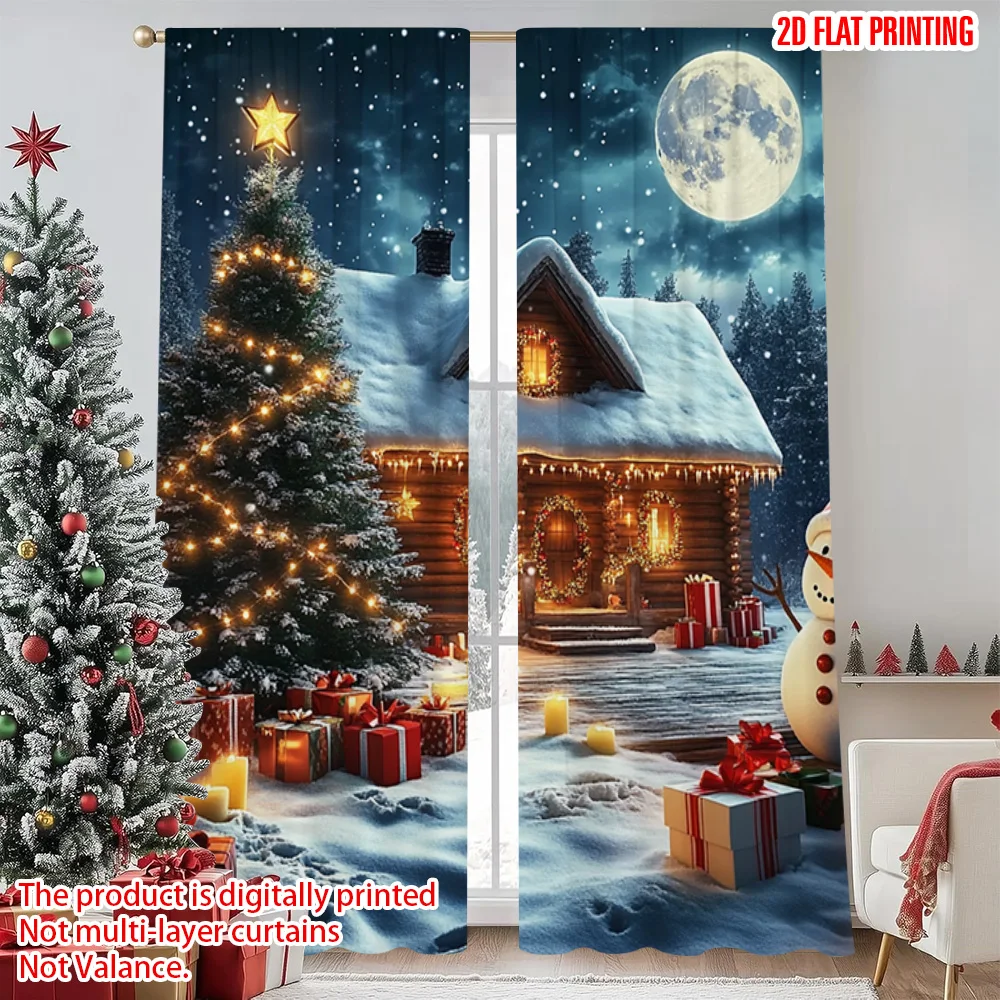 2pcs 2D flat printing Christmas Window Drapes Holiday Snowman 100% Polyester Without Electricity Festive Holiday Perfect for