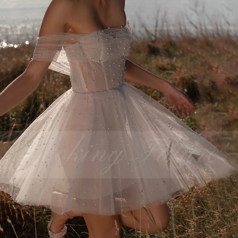 Vestido de novia corto sin tirantes con cuentas de purpurina, novia con minivestido de cuello en V, botones por encima de la rodilla, color blanco