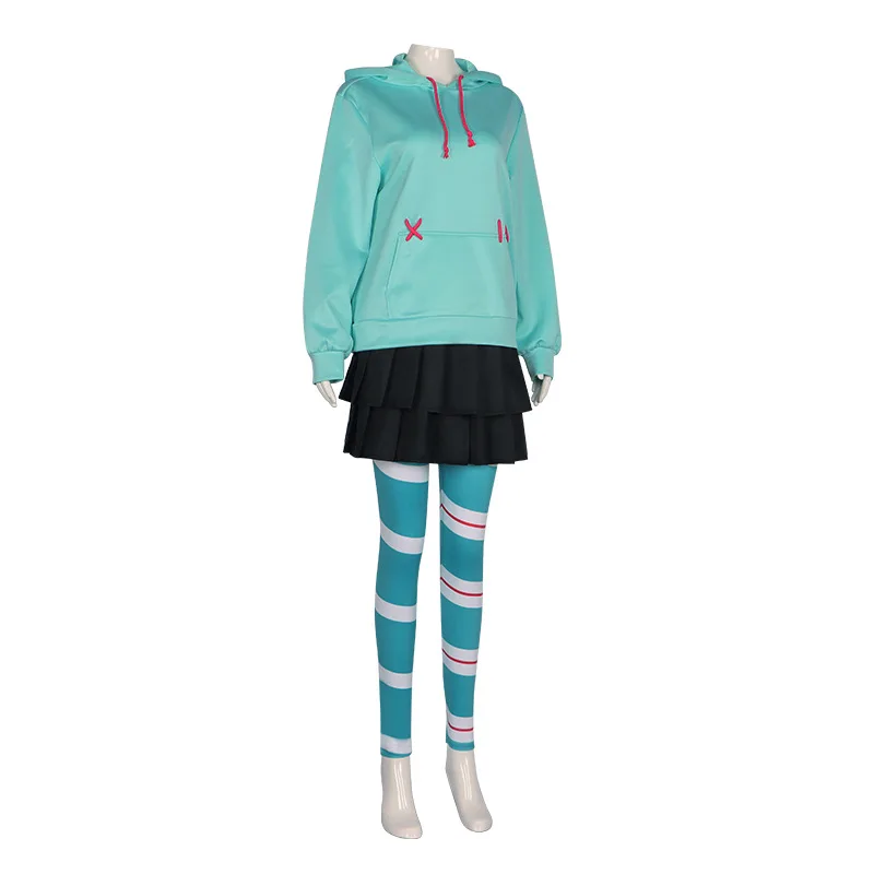 Vanellope fantasia cosplay com peruca e capuz para mulheres e meninas, uniforme Von Klee, saia e terno, roupas de performance Halloween, anime