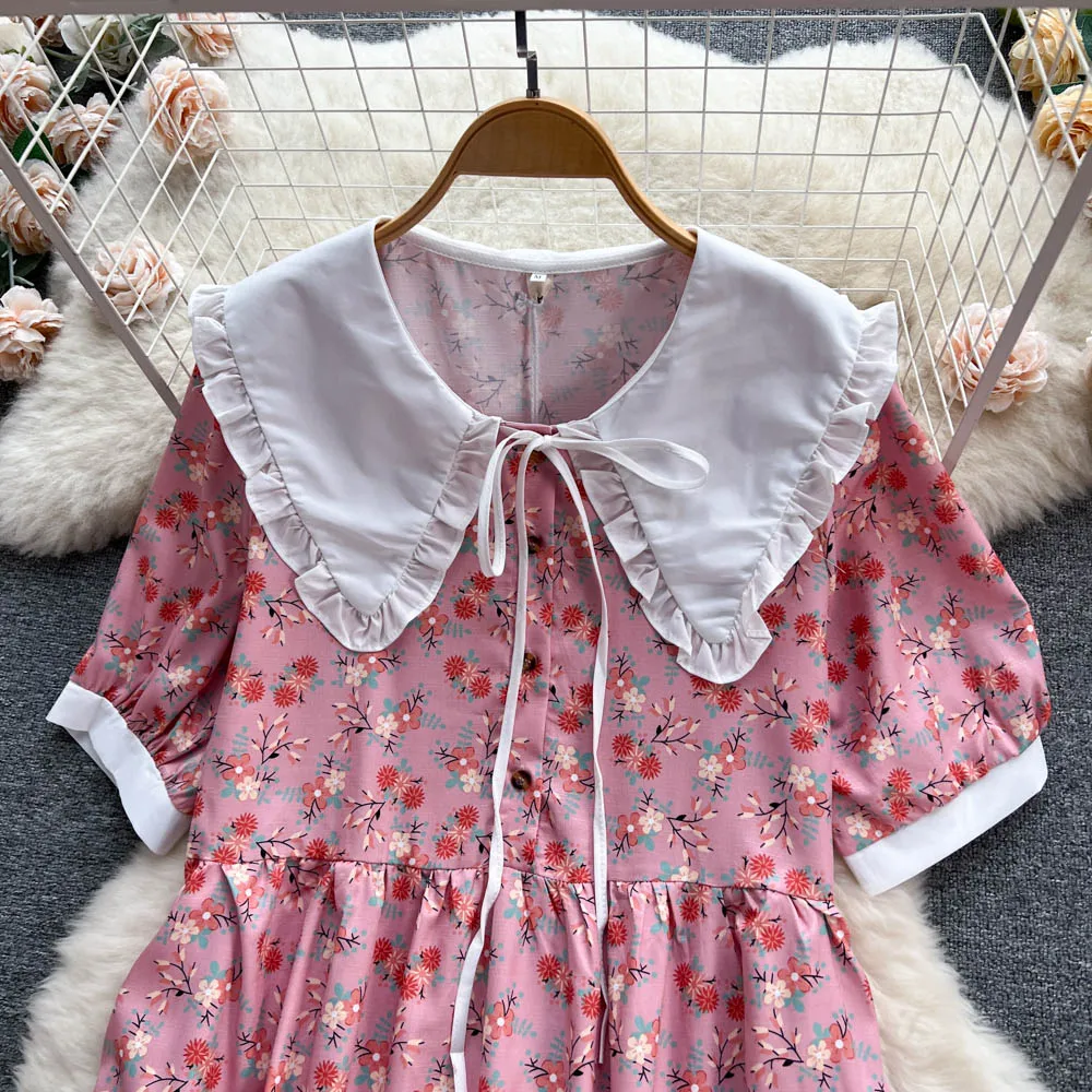 2023 Summer Peter Pan Collar Neck Lace Up Bubble Sleeve Short Sleeve Dress Girl Chiffon Fragmented Flower First Dress Trend