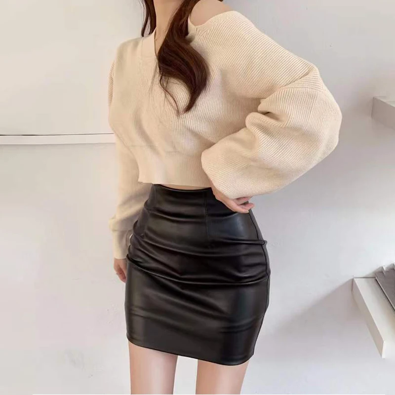 Black Mini Pu Leather Skirt Women Korean Fashion High-Waisted Elasticity Punk Style Bodycon Goth Sexy Skirts Female