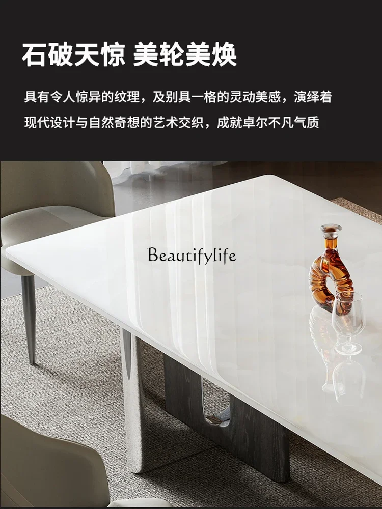 White ice jade pure natural luxury stone dining table modern simple high-end marble rectangle