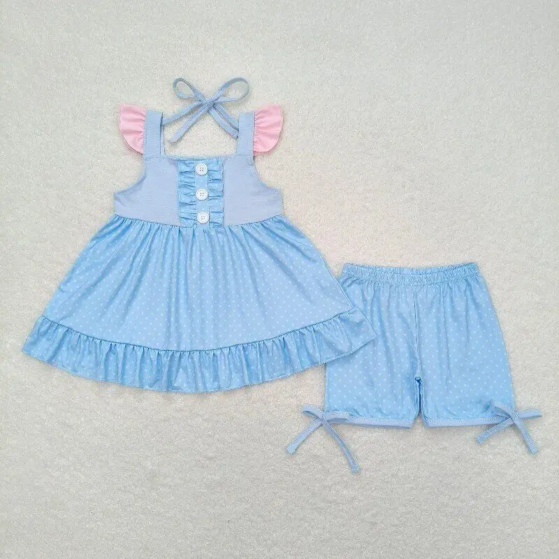 

Baby Girls sky blue outfits summer clothing Toddlers wholesale boutique Baby Short Sleeves polka Shorts Kids new arrival sets