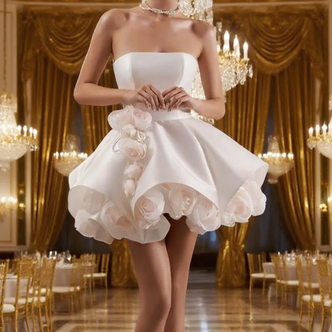 

Elegant Strapless Sleeveless 3D Flowers Bridal Dress A-line Satin Short Wedding Dresses Wedding Gowns ﻿Customized