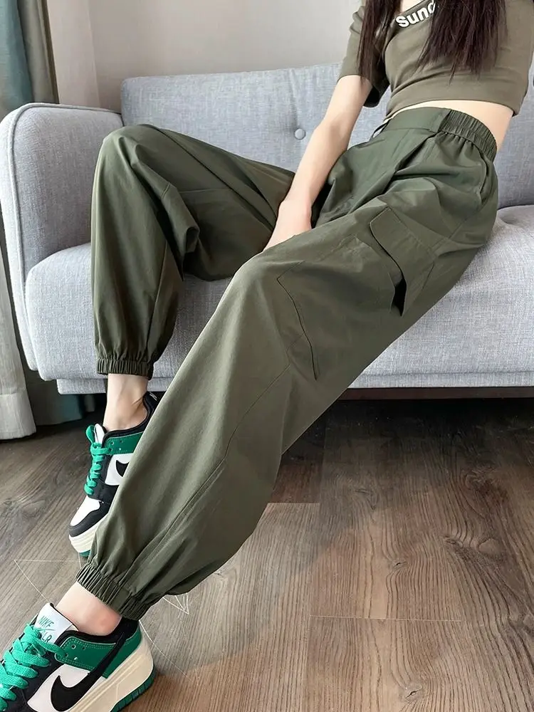 Ice silk quick-drying overalls women\'s summer thin 2024 new high-waisted sunscreen casual American sports Harlan leg pants