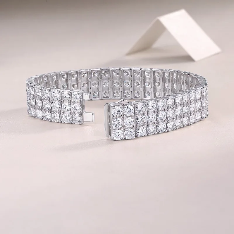 925 Silver 4mm D Color Moissanite Tennis Bracelet 3 Rows Platinum Plated Women Diamond Chain Bracelets Bangle 19cm Girl Jewelry