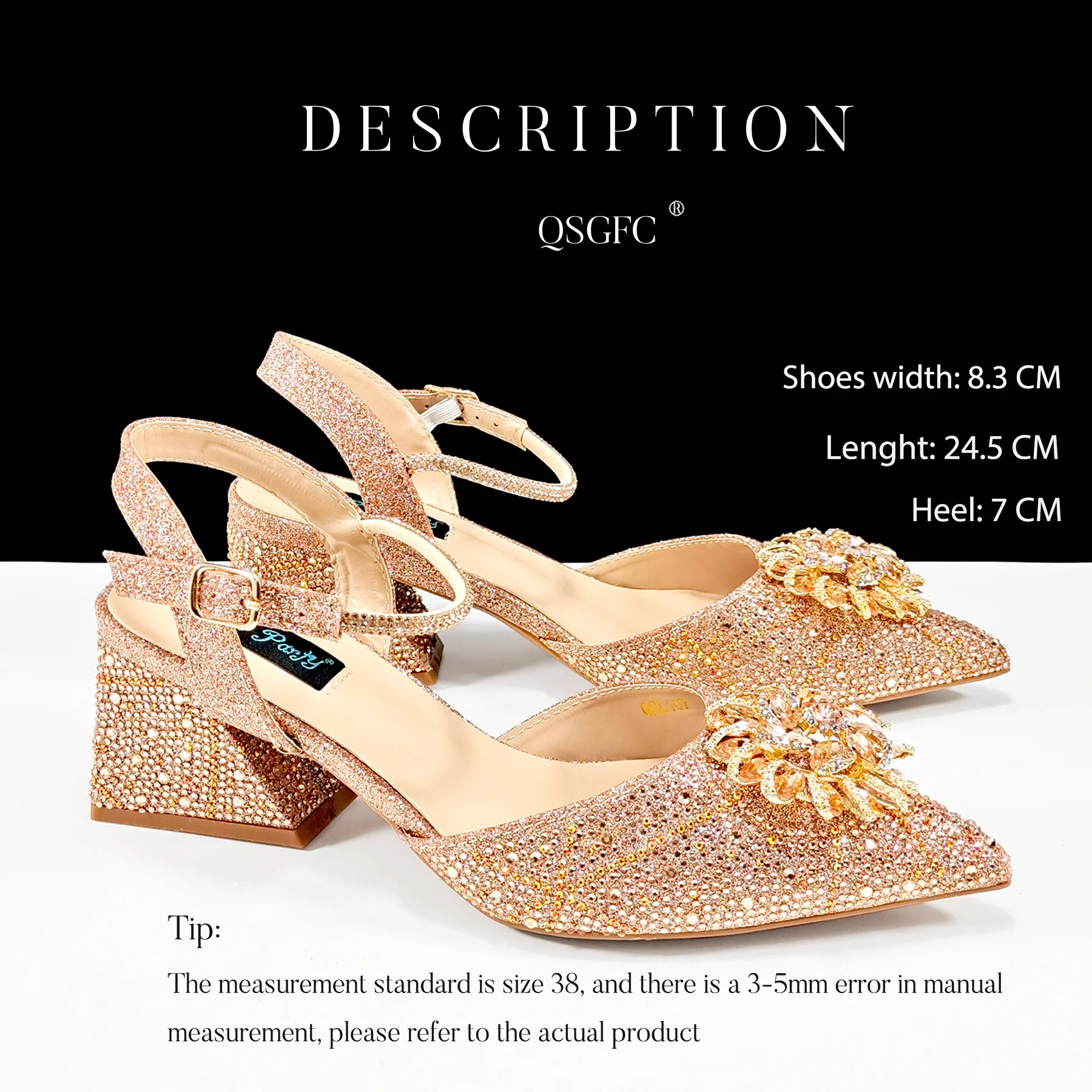 Elegant Champagne Colorful Rhinestone Decoation Design Party Wedding Pointed Toe Lady Shoes and Bag Set and A pair of shoes