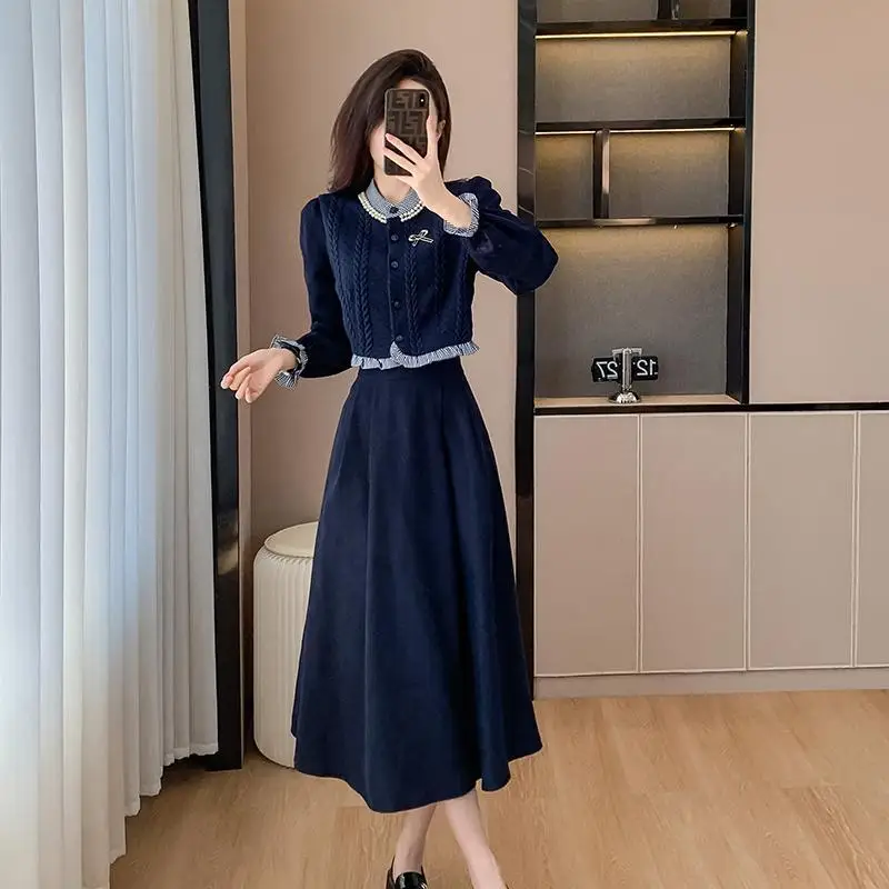 2 P Set Ruffles Knitted Splicing Shirt Top + A-Line Midi Skirts 2024 Autumn Fashion Two Pieces Set Korean Women Vintage Elegant