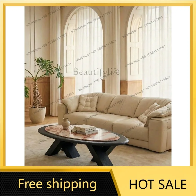 YJ Italian Minimalist Luxury Oval Natural‑Marble Coffee Table Designer‑Style Compact Size For Modern Home Living Room