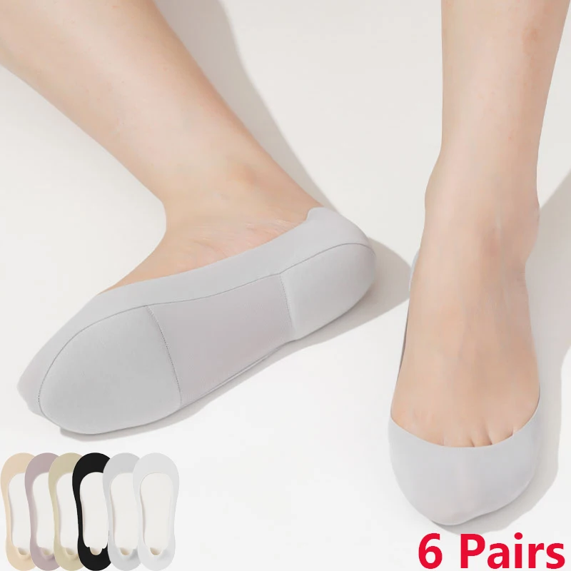 6 Paar Damen-Sommer-Bootssocken aus dünner Eisseide, rutschfest, unsichtbar, mit Schwammsohlen, weiche High Heels, No-Show-Socken