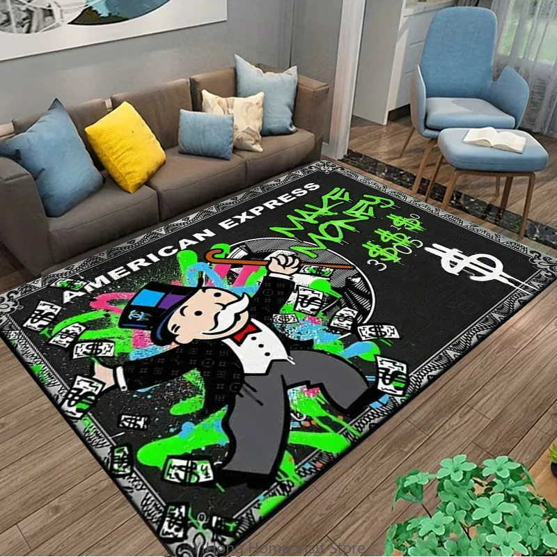 Playful Rich Man Game Monopoly Dollar Cartoon Carpet Rug for Bedroom and Living Room Non-slip Floor Mat Decorative Sofa Doormat