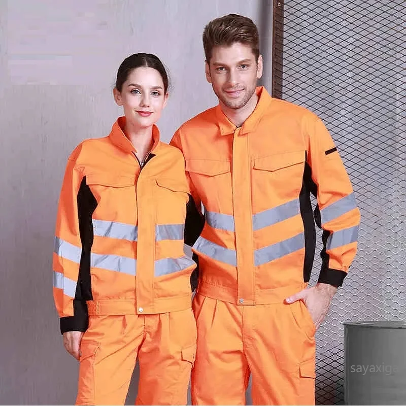 Moda uomo Hi Vis manica lunga abiti da lavoro Set tuta di sicurezza gialla riflettente uniforme di ingegneria della fabbrica riflettente ferroviaria