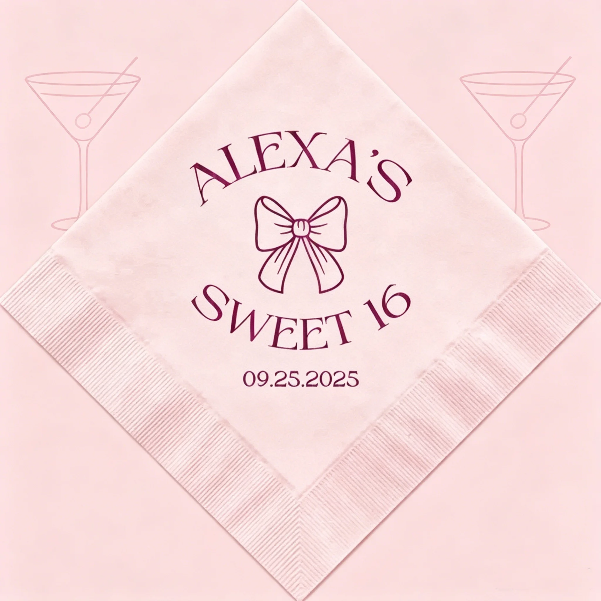 

50pcs Personalized Bow Themed Sweet 16 Napkins, Custom Name, Age & Party Date with Purple Foil Print, White Disposable Cocktail