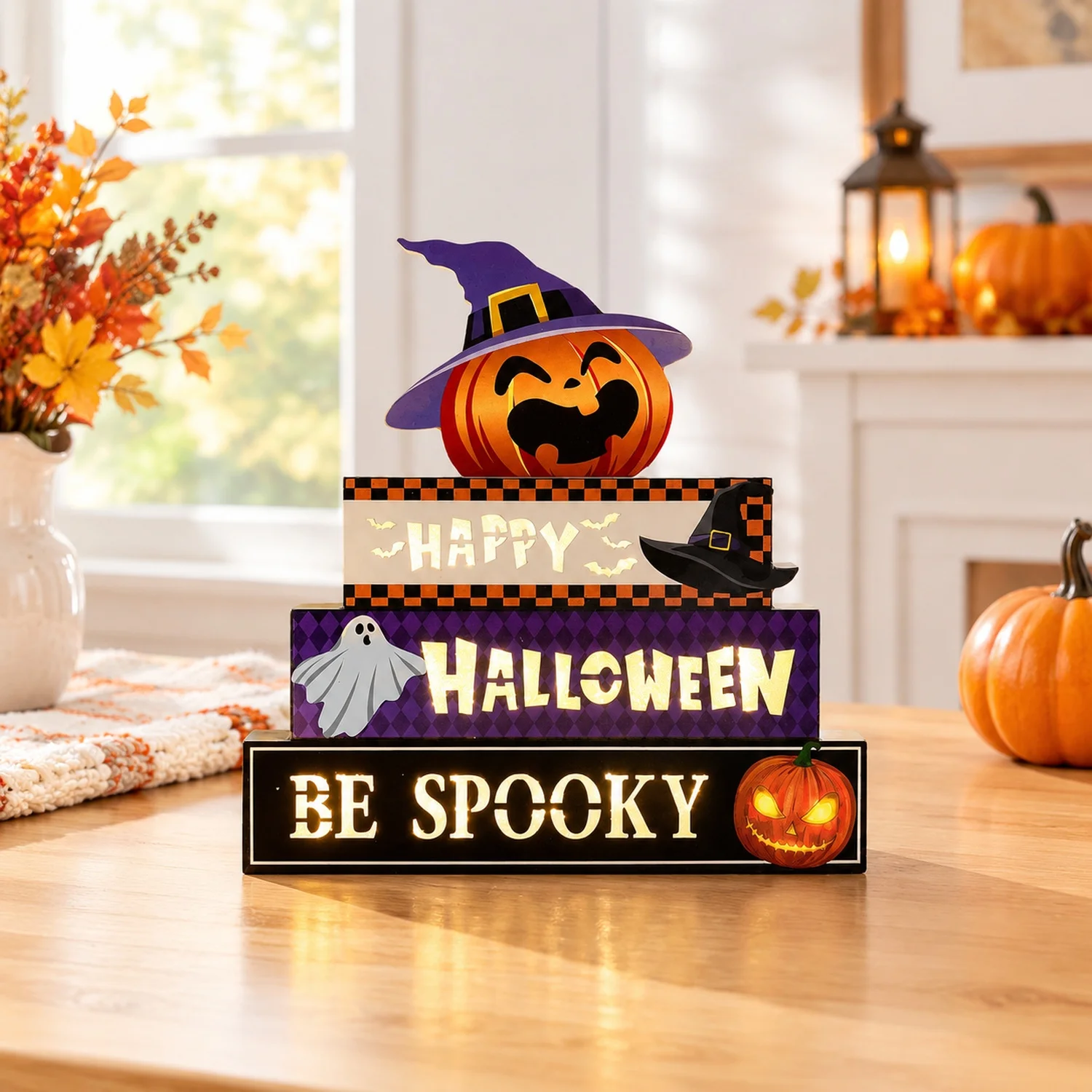 Halloween Decorations Indoor 9.4inch Premium Wooden Block Set with Glowing 3D Letters, Timer, Battery Powered Rustic Farmhouse