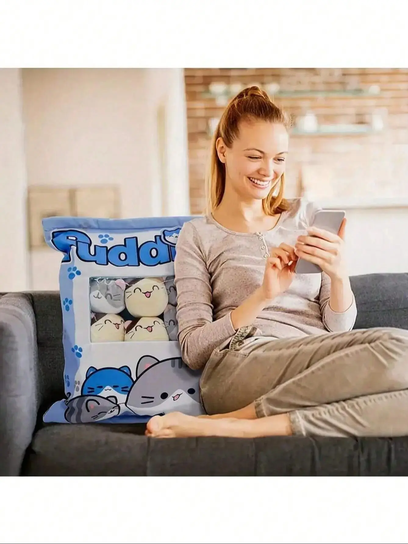 8 Stück flauschige Plüsch-Katzenkissen – weiche Stofftierpuppen, niedliche dekorative Kissen für Sofa, Bett, Stuhl, abnehmbar – Detail 1