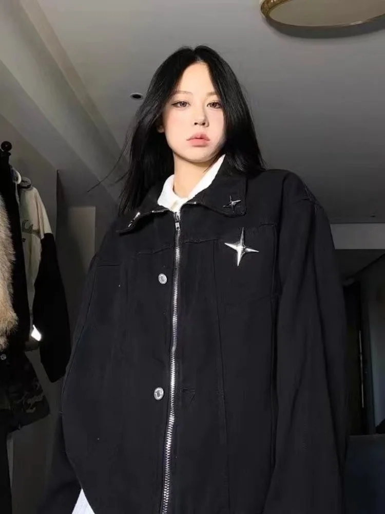 Spring Bandage Jean Jackets Women Zipper Chain Star Patchwork Aesthetic Solid Loose Casual Coats All Match Harajuku Veste Femme