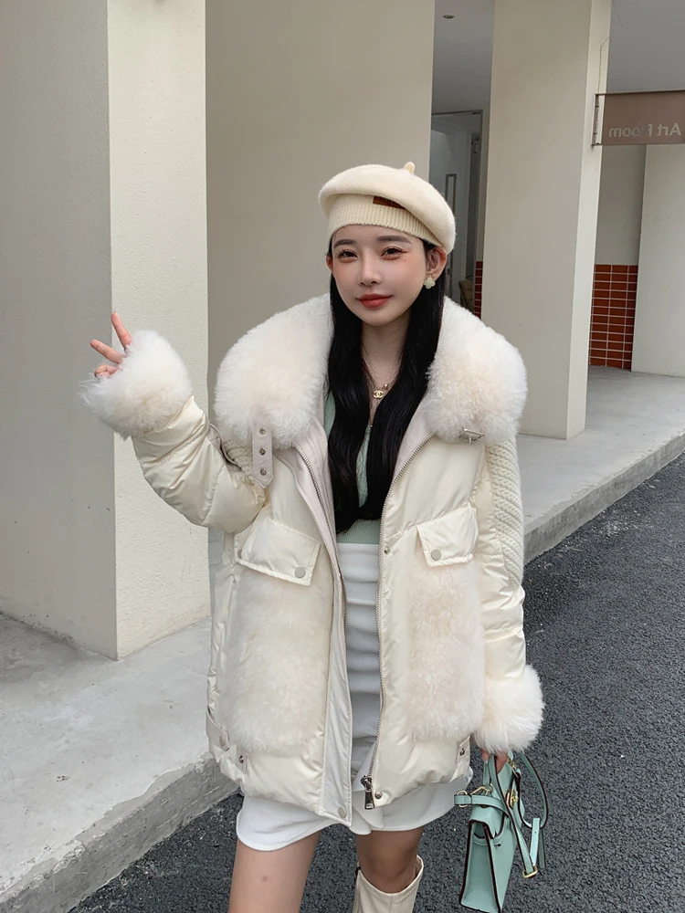 2023 Women Winter Natural Sheepskin Fur Collar Goose Down Jacket Sweet Style Luxury Female Coats Streetwear Puffer Jacket