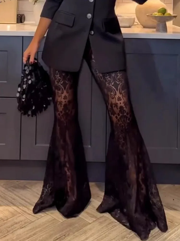 Sexy Black Lace Pants For Women Fashion High Waist Wide Leg Long Pants Female Elegant Streetwear Party Womens Clothing New 2025