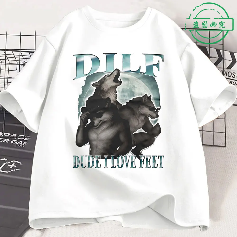 Dilf المتأنق أنا أحب أقدام مضحك الذئب ميمي تي شيرت الرجال النساء الملابس عادية القطن موضة Harajuku المتضخم تي شيرتات قصيرة الاكمام