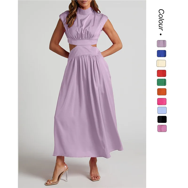 

25 Years Sweet Fashion Street Style Summer Stand Collar Macaron Color Waist-revealing Long Dress 23003 Lace Elegant Beach