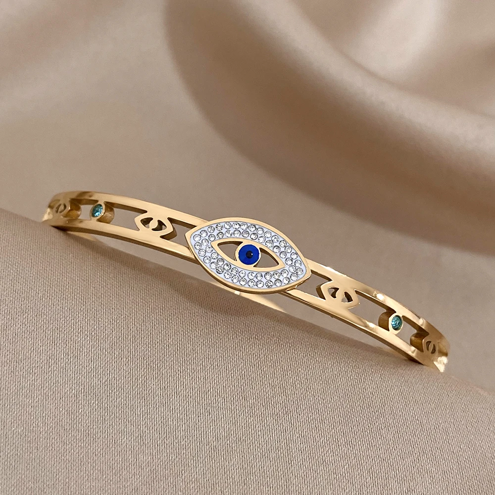 Stal bransoletki ze stali ze stali nierdzewnej z luksusowymi kryształkami dla kobiet 18K pozłacane Evil Eye bransoletka wodoodporna biżuteria prezenty — zdjęcie 7
