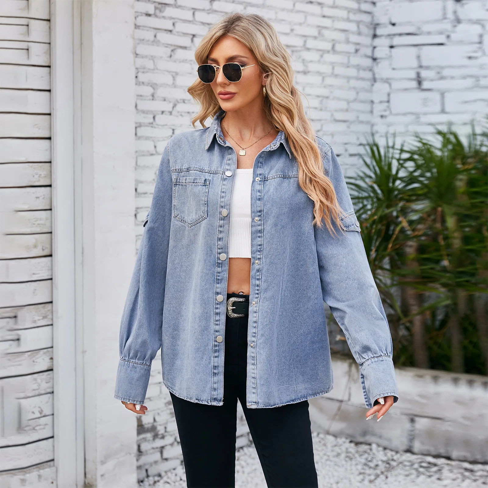 

Spring Washed Denim Shirt Jacekts Female Streetwear Four-in-one Buckle Long-sleeved Denim Shirt Top Women Outwear