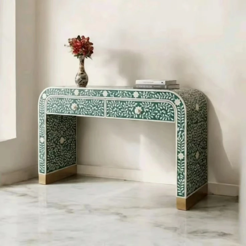 Entrance table with traditional bone inlay craftsmanship, luxury wooden hall furniture with handmade decorative surface patterns