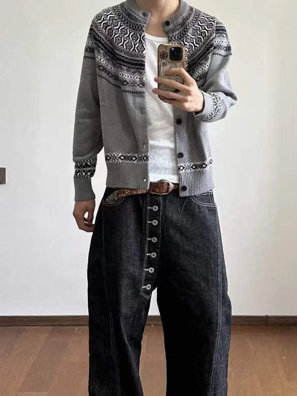 

ay Fair Isle Knitted irt Men's Autumn Winter High Quali Couple Outerwear Sweater Cardigan Loose Fit round Ne Long Sve