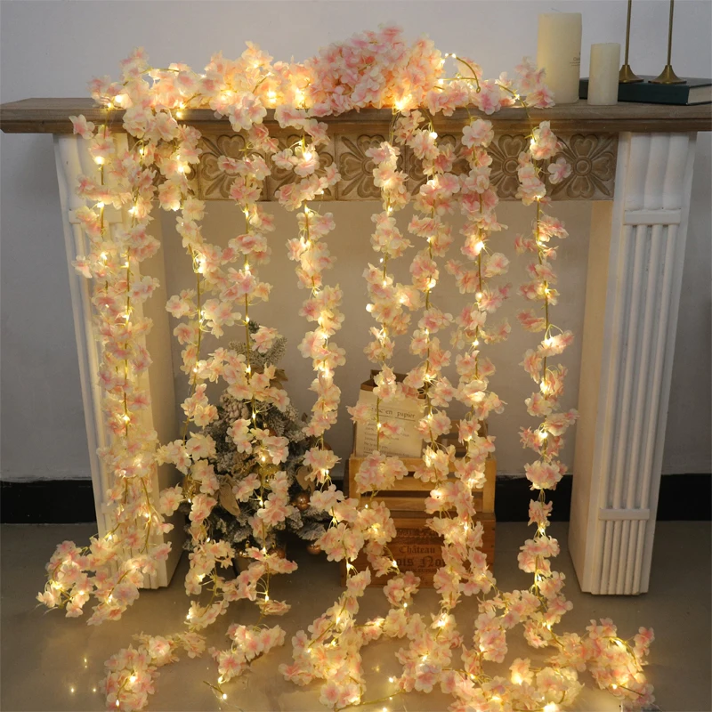 180 cm künstliche Sakura-Blumen, Ranken-LED-Schnur für Hochzeit, Garten, Bogen, Dekoration, Zuhause, Zimmer, Wandbehang, Party, Outdoor, Ornament – Detail 2