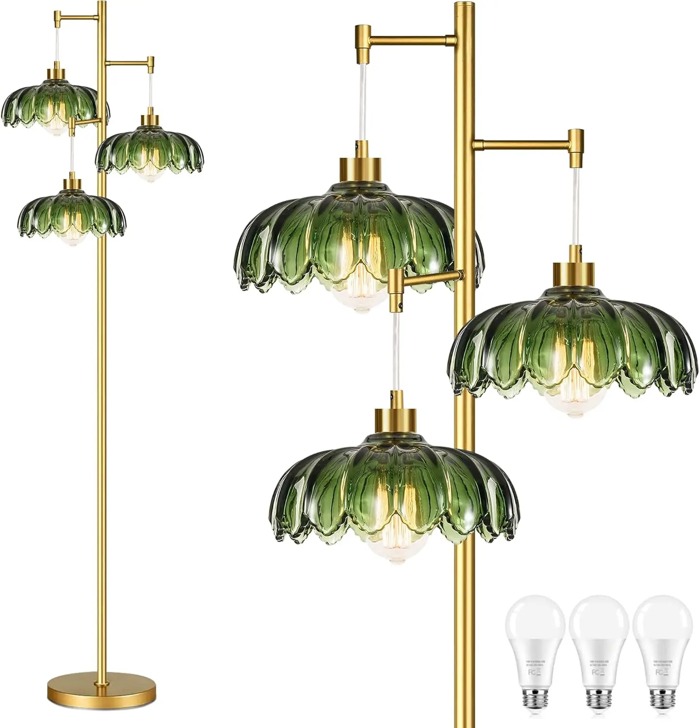 

Gold Floor Lamp with Green Glass Shades, 3-Light Modern Standing Lamp for Living Room, Bedroom, Corner, Office
