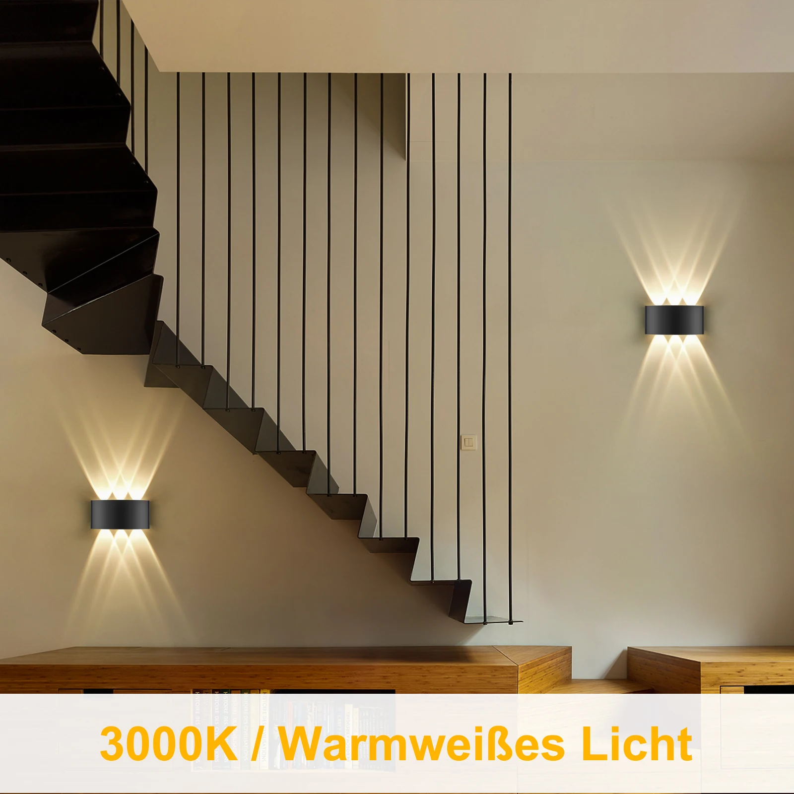 Packung mit 1/2/4 LED-Wandleuchten, 6 W, IP65, 3000 K, warmweißes Aluminium, Innen- und Außenwandleuchte mit 6 Strahlen – Detail 5