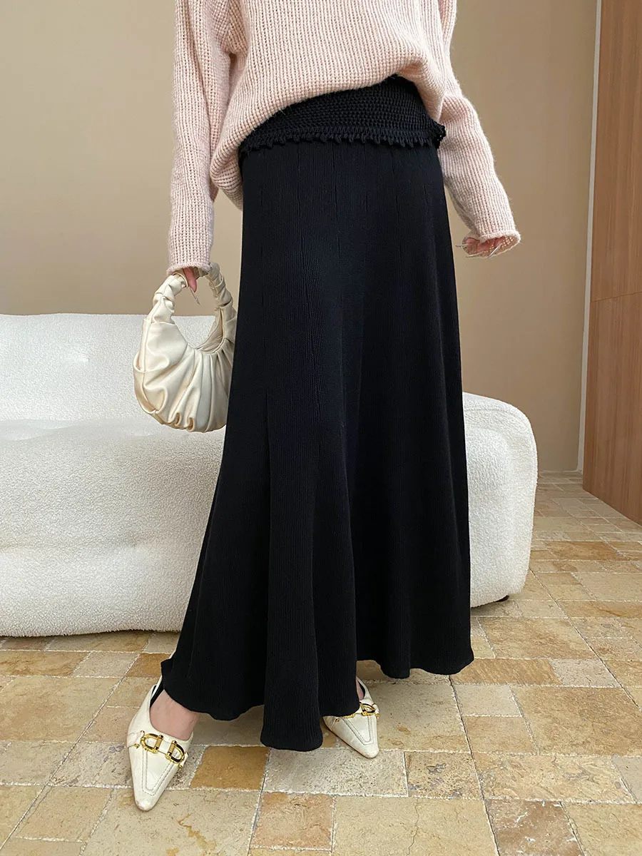 Autumn women's casual solid color hollow hook flower fart curtain high waisted knitted skirt