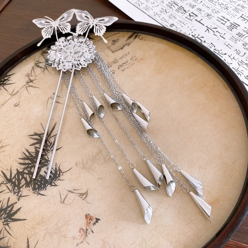 Neo-chinese Style Butterfly Flower Long Tassel Metal Silver Imitation Pearl Hair Sticks for Women Hairpins Exquisite Accessories