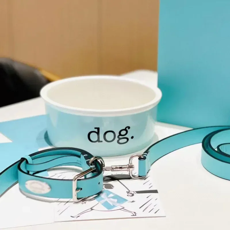 T home new pet three-piece bone china dog bowl cat bowl rice bowl with 17.5CM collar leash gift box