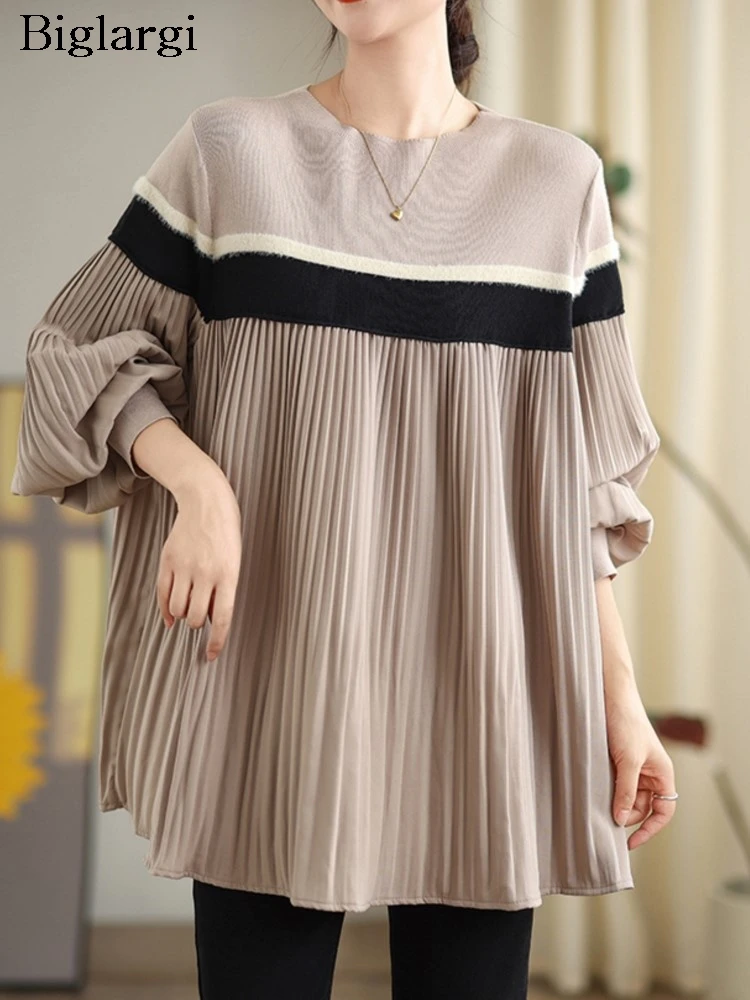 

Knitted Patchwork Striped Print Oversized Autumn Pullover Tops Women Ruffle Pleated Loose Ladies Blouses Modis Casual Woman Tops