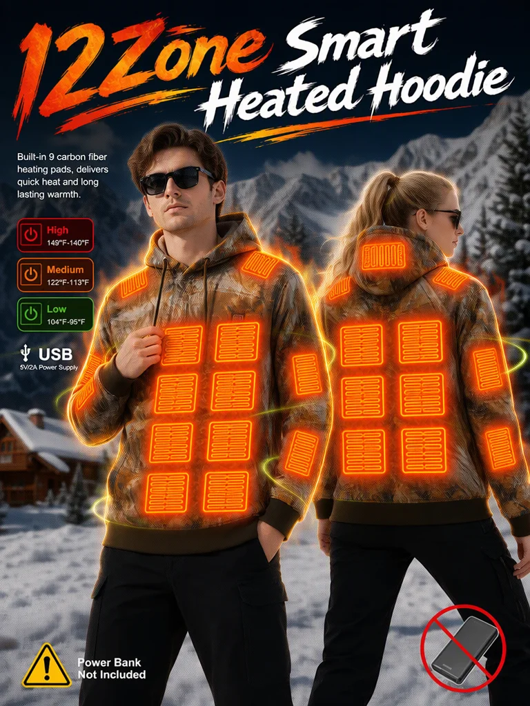 Men's Heated Hoodie with 12 Heating Zones Camouflage Leaf Print Smart Temperature Control Three Levels Winter Outdoor Hunting Warmth (Battery Not Included)