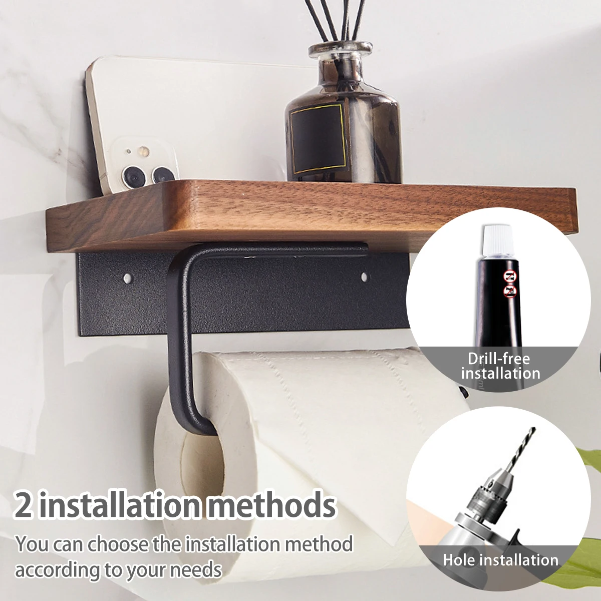 Toilet Paper Holder with Natural Walnut Wooden Shelf Tissue Roll Hanger Wall Mounted Paper Towel Bar 304 Stainless Steel Paper